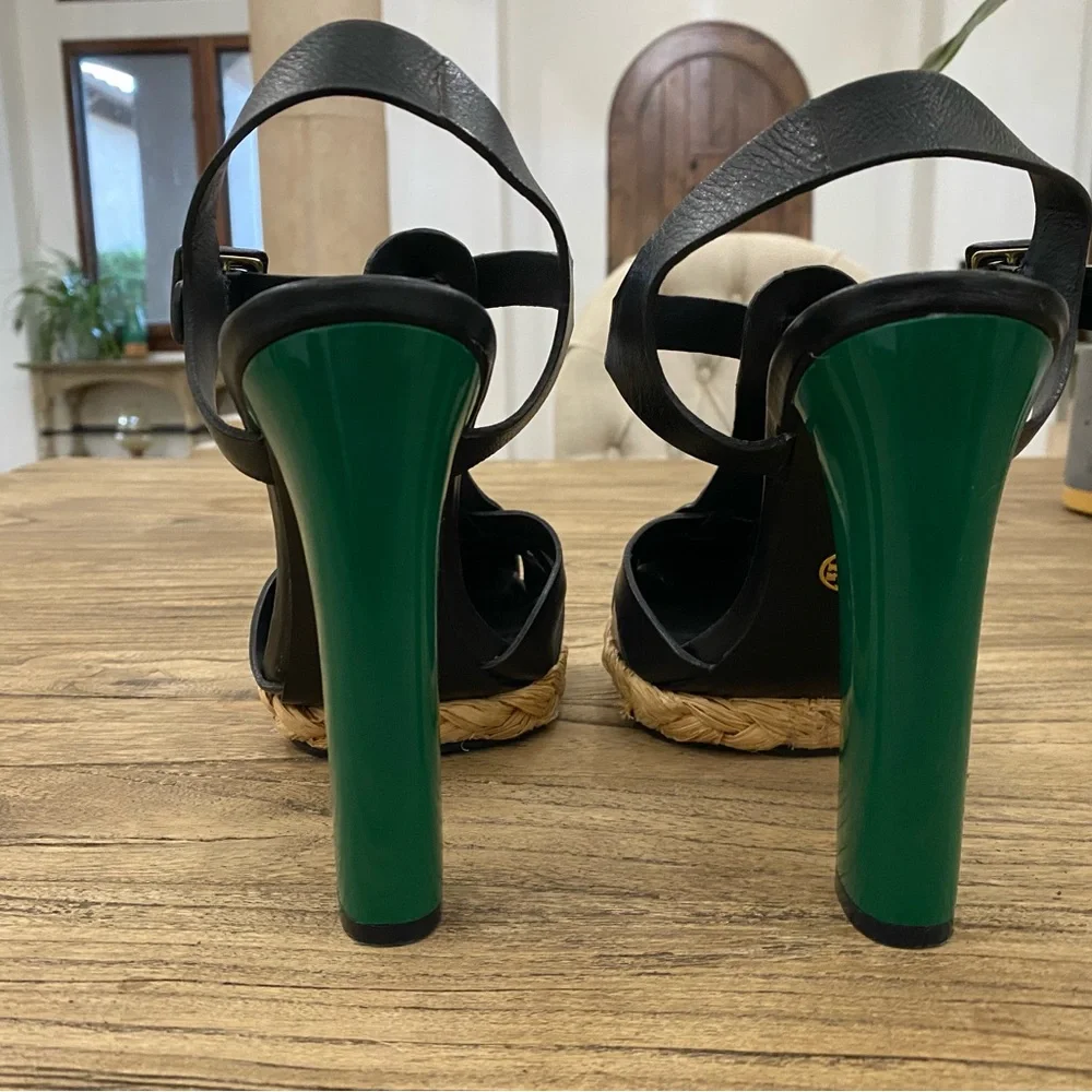Tory Burch Abella Black Strappy Heels with Green Block Heel - Picture 5 of 7